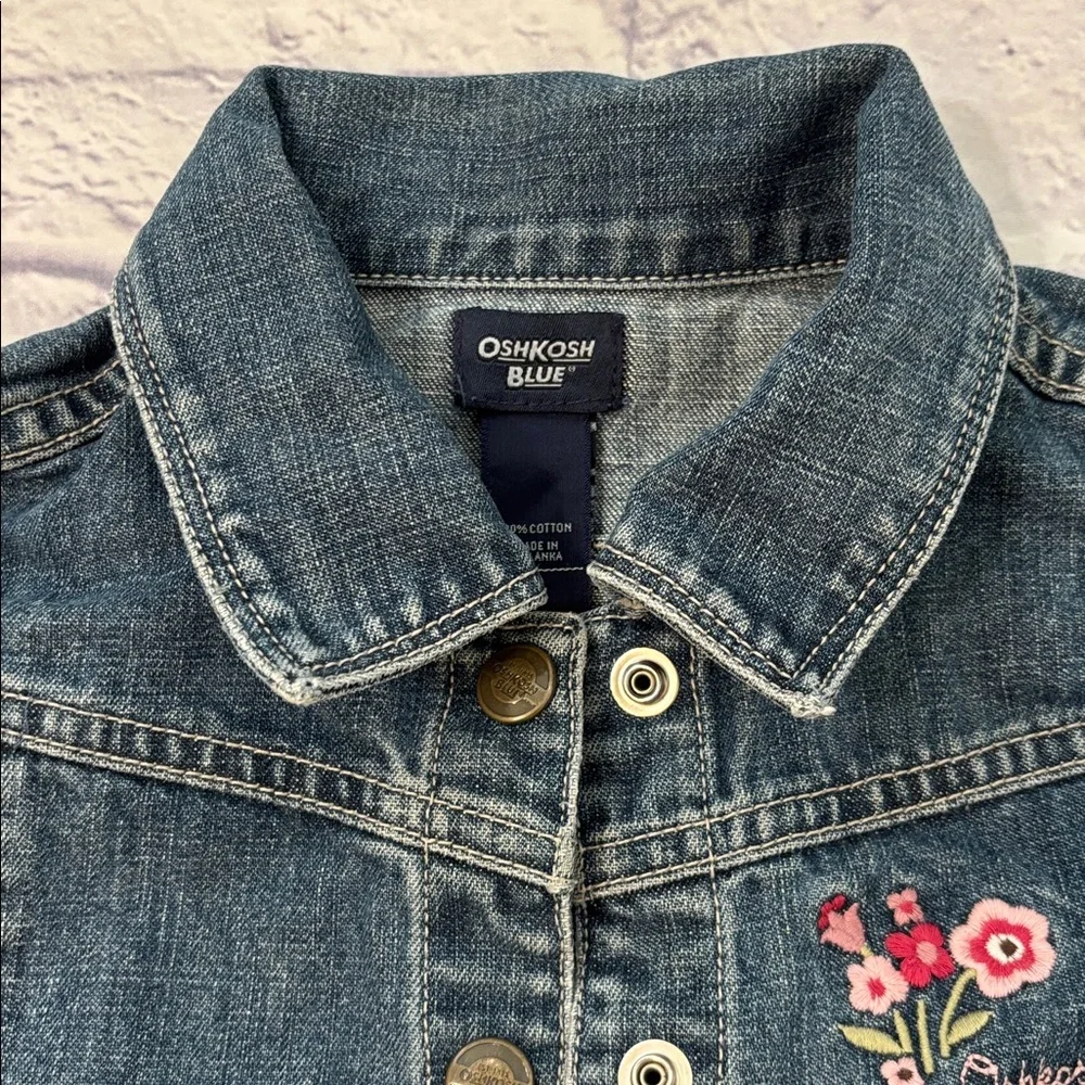 Oshkosh Girls Denim Jean Jacket Pink Floral Embroidery Button Front Girls Size 5
